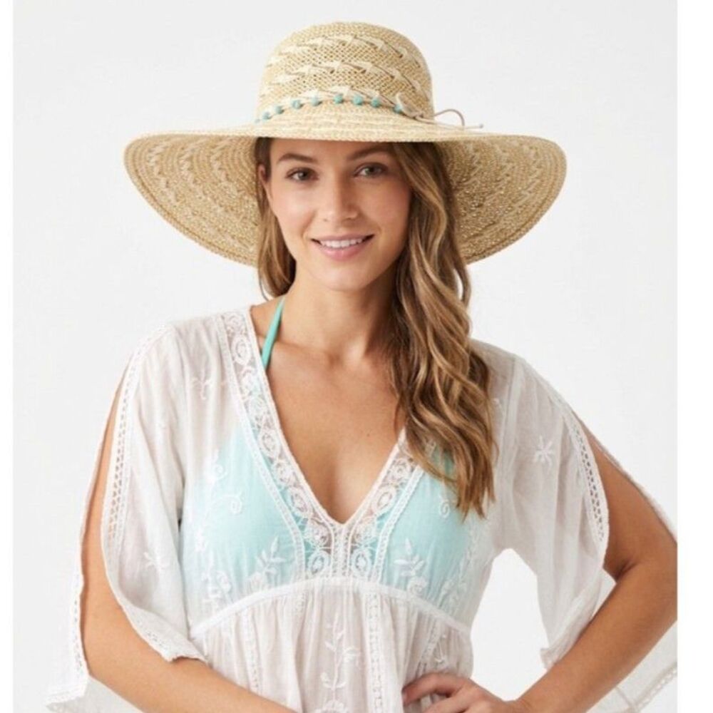Scala NWOT Women's Tan Ivory Woven Turquoise Nugget Band Wide Brim Straw Sun Hat
